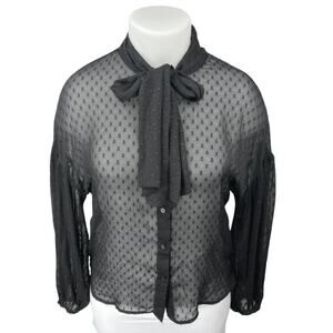 H&M Black Polka Swiss Dot Sheer Tie Neck Long Sleeve Button Up Blouse Top Sz 14